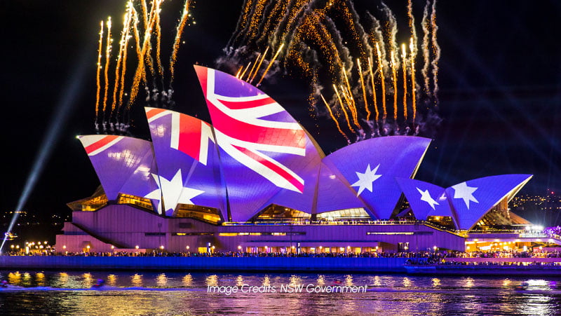 Spectacular fireworks display fired off from the Opera House on Australia Day.
